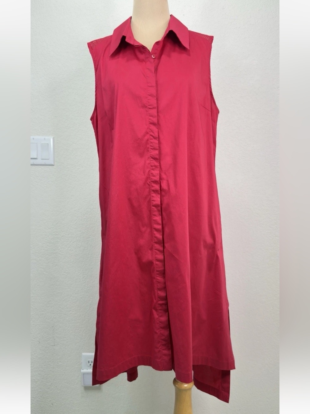Soft Surroundings Red Cotton Mesh Yoke Shoulder Hi Low Button Front Mid Dress L